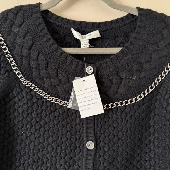 NWT Vintage Black Knit Cardigan Silver Chain Liz Claiborne Medium - Picture 2 of 6